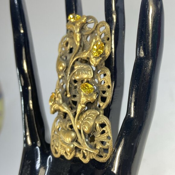 Antique Art Nouveau Fur Clip Dress Pin Filigree Goldtone Floral Rhinestone - Picture 5 of 13